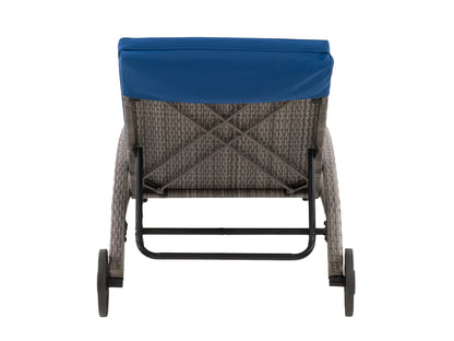 Grey and blue outdoor wicker lounge chair with cushions, featuring a durable woven design and weather-resistant materials.