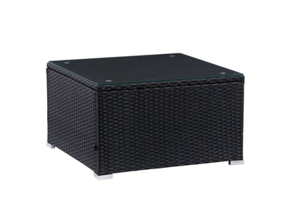 Black square outdoor coffee table with sleek minimalist design and durable materials for patio or garden use.