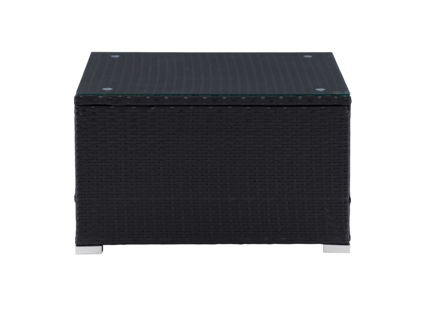 Black square outdoor coffee table with sleek metal frame and slatted top, perfect for modern patio settings.