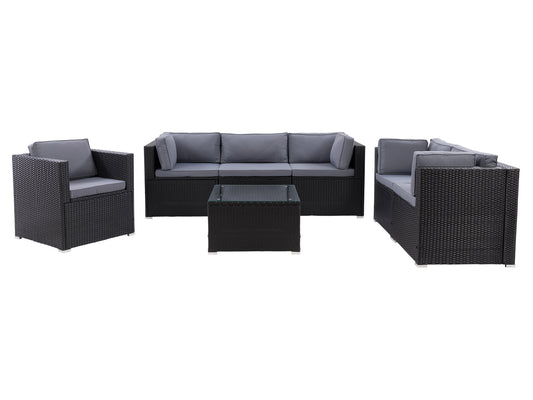 Modern 7-piece outdoor patio conversation set with beige cushions, dark wicker frame, and glass-top coffee table, featuring weather-resistant materials and modular design for customizable seating arrangements.