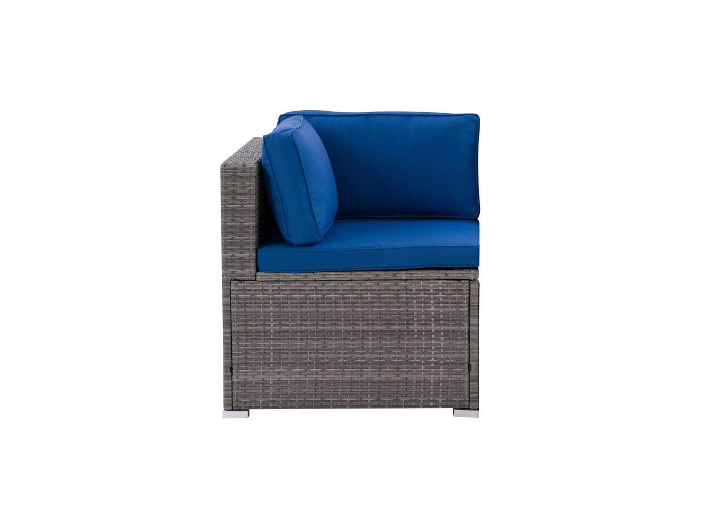 Modern patio chair with sleek aluminum frame, curved armrests, and gray cushioned seat and backrest. Ideal for outdoor relaxation, featuring weather-resistant materials and contemporary design.