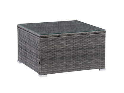 Grey square outdoor coffee table with durable metal frame and weather-resistant finish.