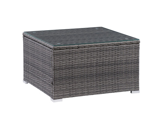 Grey square outdoor coffee table with durable metal frame and weather-resistant finish.