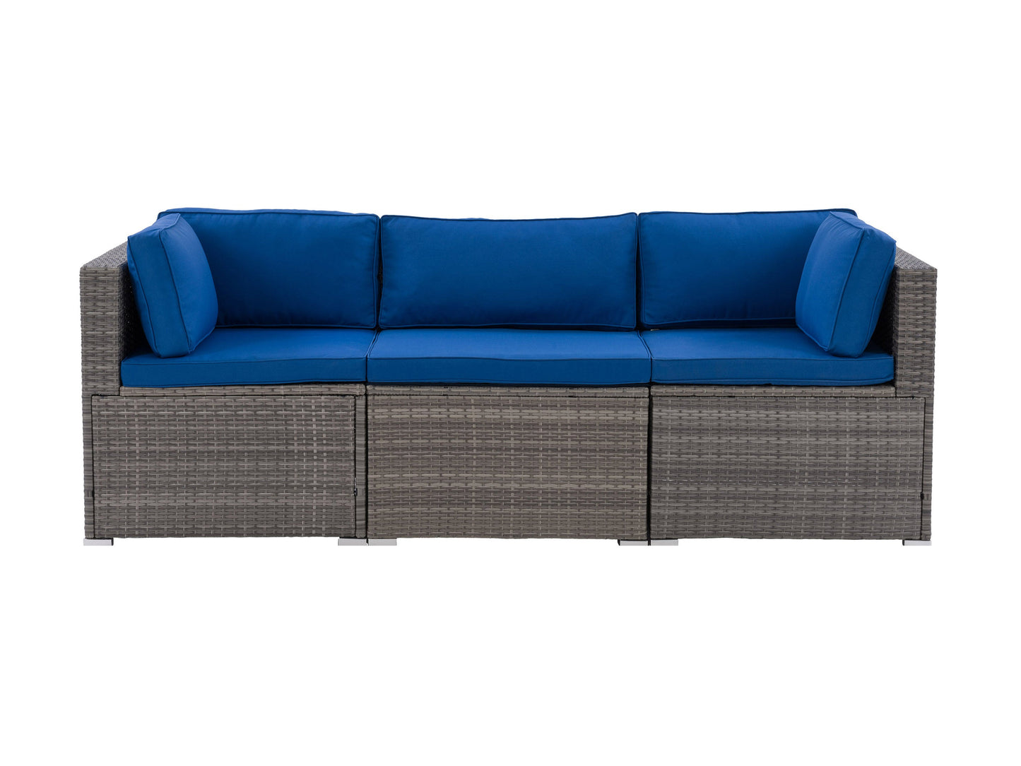 Modern grey patio sectional with plush cushions, sleek black metal frame, and a geometric design. Features include weather-resistant fabric, a minimalist style, and a spacious seating arrangement ideal for outdoor lounging.