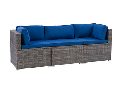 Outdoor wicker patio sectional sofa, 3-piece set in beige with matching cushions, featuring a sturdy aluminum frame and weather-resistant rattan wicker, ideal for garden or backyard lounging.