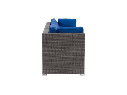 Modern outdoor patio sectional with gray cushions, sturdy aluminum frame, and teak wood accents. Features a modular design allowing for customizable seating arrangements. Ideal for contemporary outdoor living spaces.