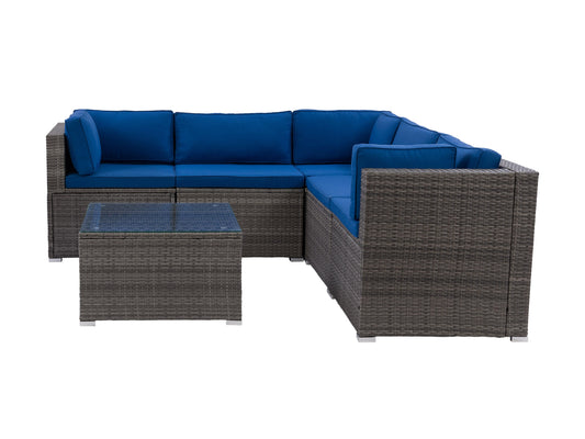 Gray wicker patio sectional set with six pieces, including cushions in neutral tones, modular design, weather-resistant materials, and a sleek glass-top coffee table. Ideal for outdoor lounging and entertaining.