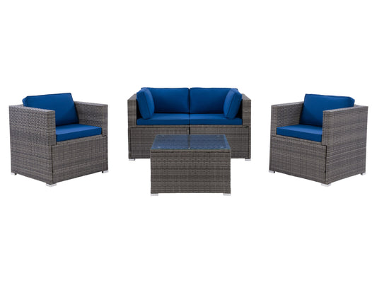 5-piece outdoor patio conversation set with gray cushions, dark brown wicker frame, and tempered glass table. Includes 2 armchairs, 1 loveseat, and 1 coffee table, perfect for garden or backyard relaxation.