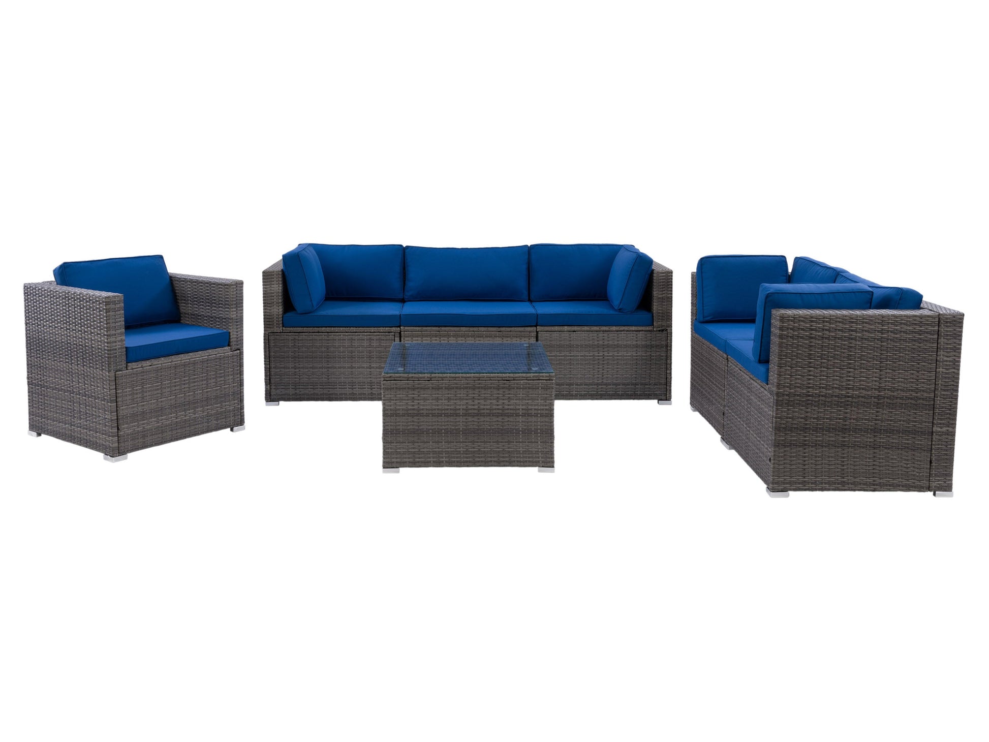 Modern patio conversation set with gray cushioned chairs and a matching coffee table on a wooden deck, featuring a sleek metal frame and minimalist design, perfect for outdoor lounging and entertaining.