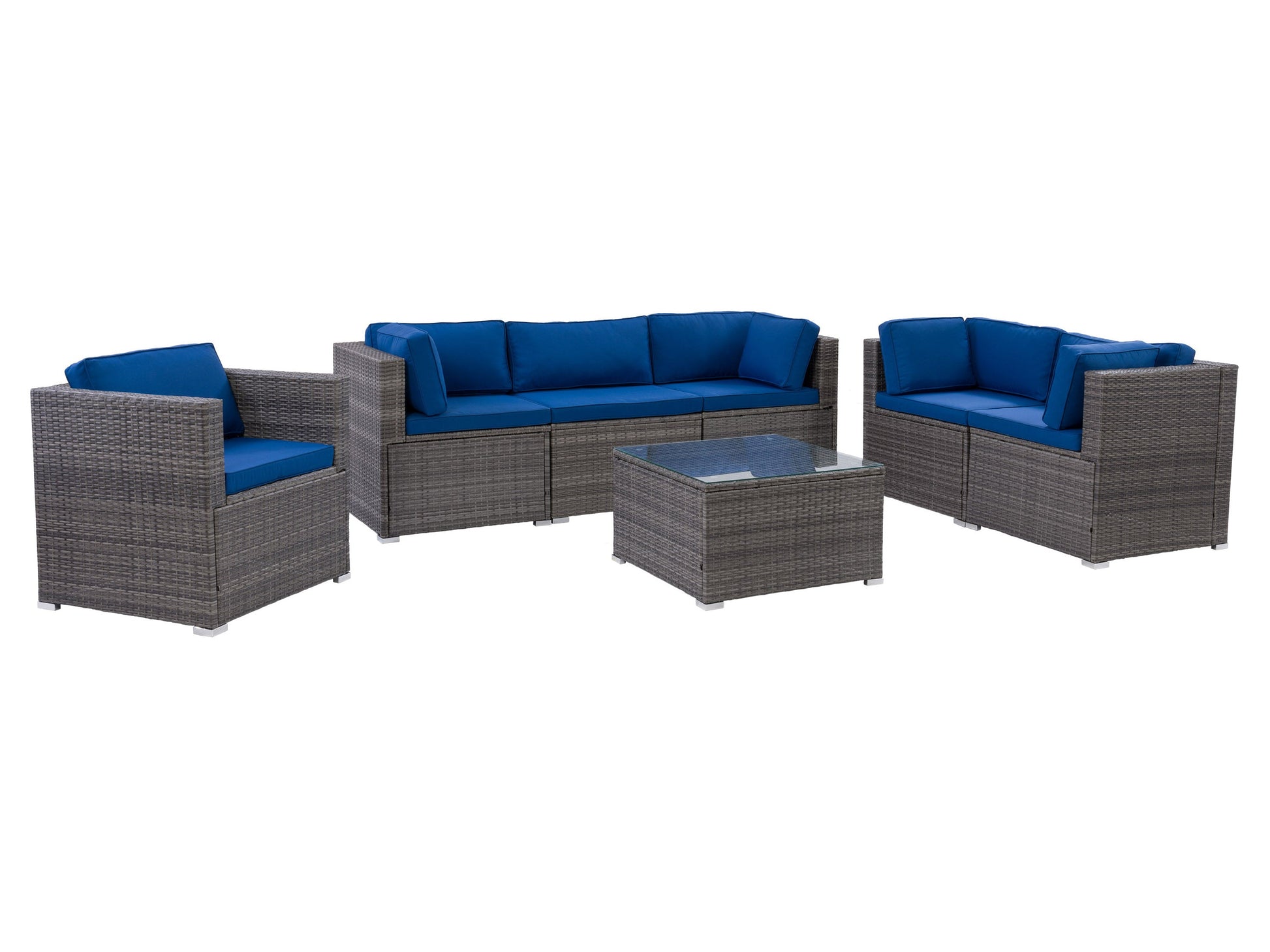 Outdoor patio conversation set, 7-piece, featuring modern grey cushions, dark brown wicker frames, glass-top coffee table, and weather-resistant materials, perfect for garden or backyard lounging and entertaining.