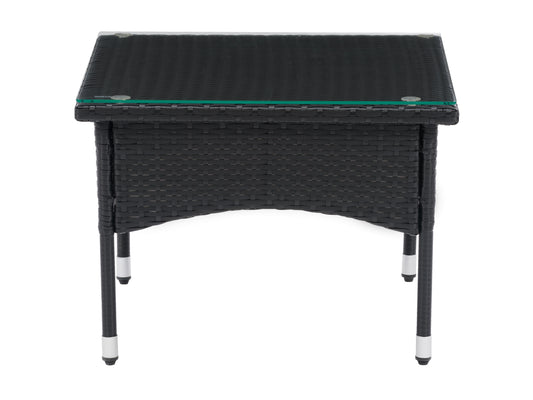 Outdoor wicker side table with a rectangular glass top, featuring a durable, weather-resistant brown wicker frame. Perfect for patio or garden use, adding a stylish and functional touch to outdoor spaces.