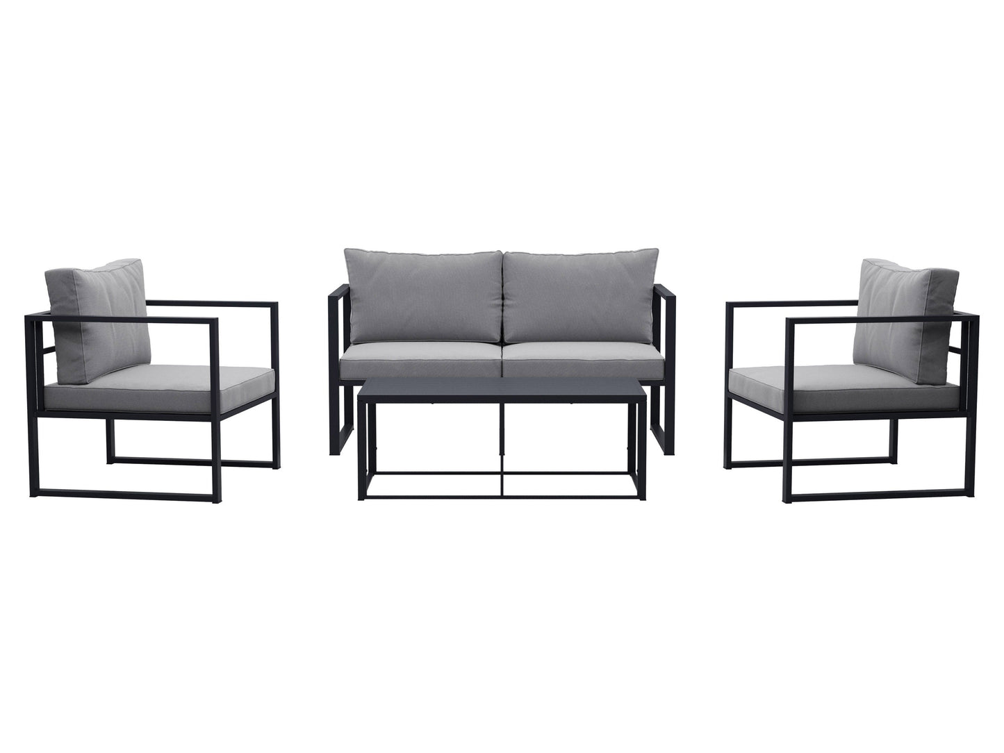 4-piece grey patio conversation set with cushioned seats, glass-top coffee table, and weather-resistant rattan wicker.