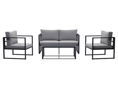 4-piece grey patio conversation set with cushioned seats, glass-top coffee table, and weather-resistant rattan wicker.