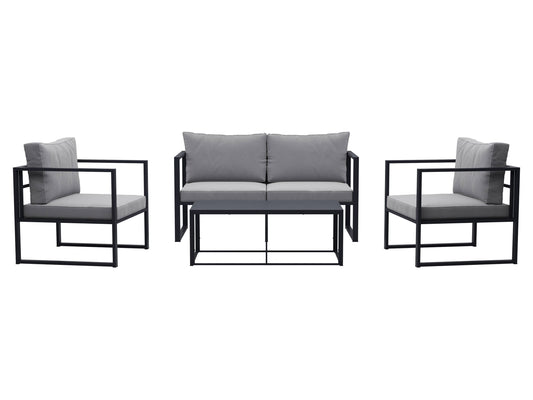 4-piece grey patio conversation set with cushioned seats, glass-top coffee table, and weather-resistant rattan wicker.