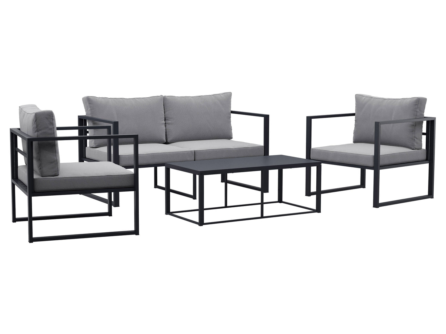 4-piece grey patio conversation set with cushioned seats, glass-top coffee table, and weather-resistant wicker.