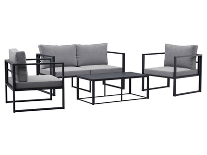 4-piece grey patio conversation set with cushioned seats, glass-top coffee table, and weather-resistant wicker.