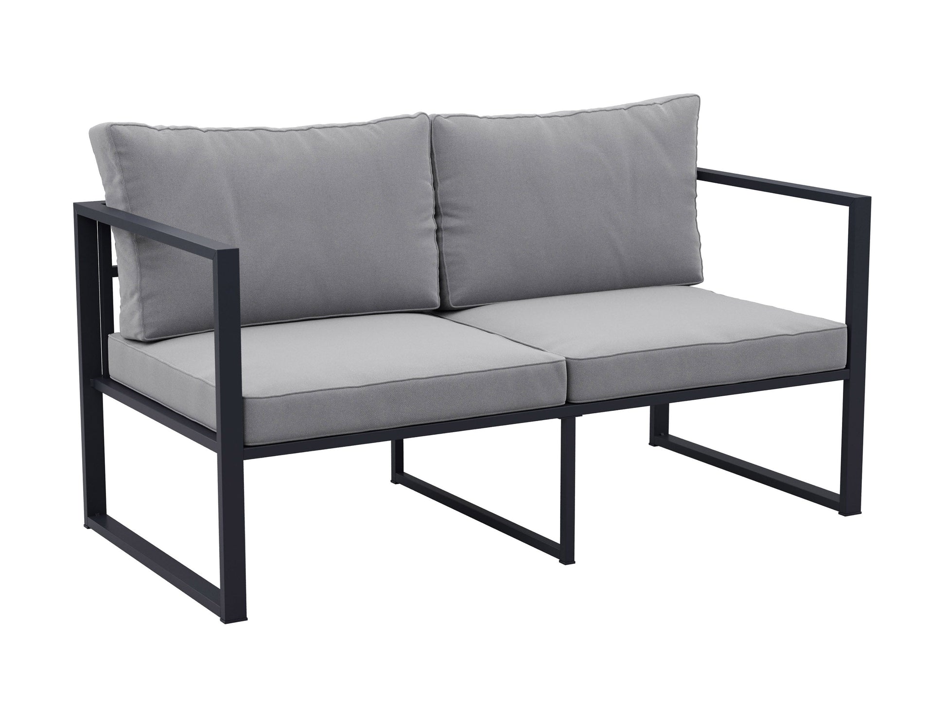 4-piece grey patio conversation set with cushioned seats, wicker frame, and glass-top coffee table.