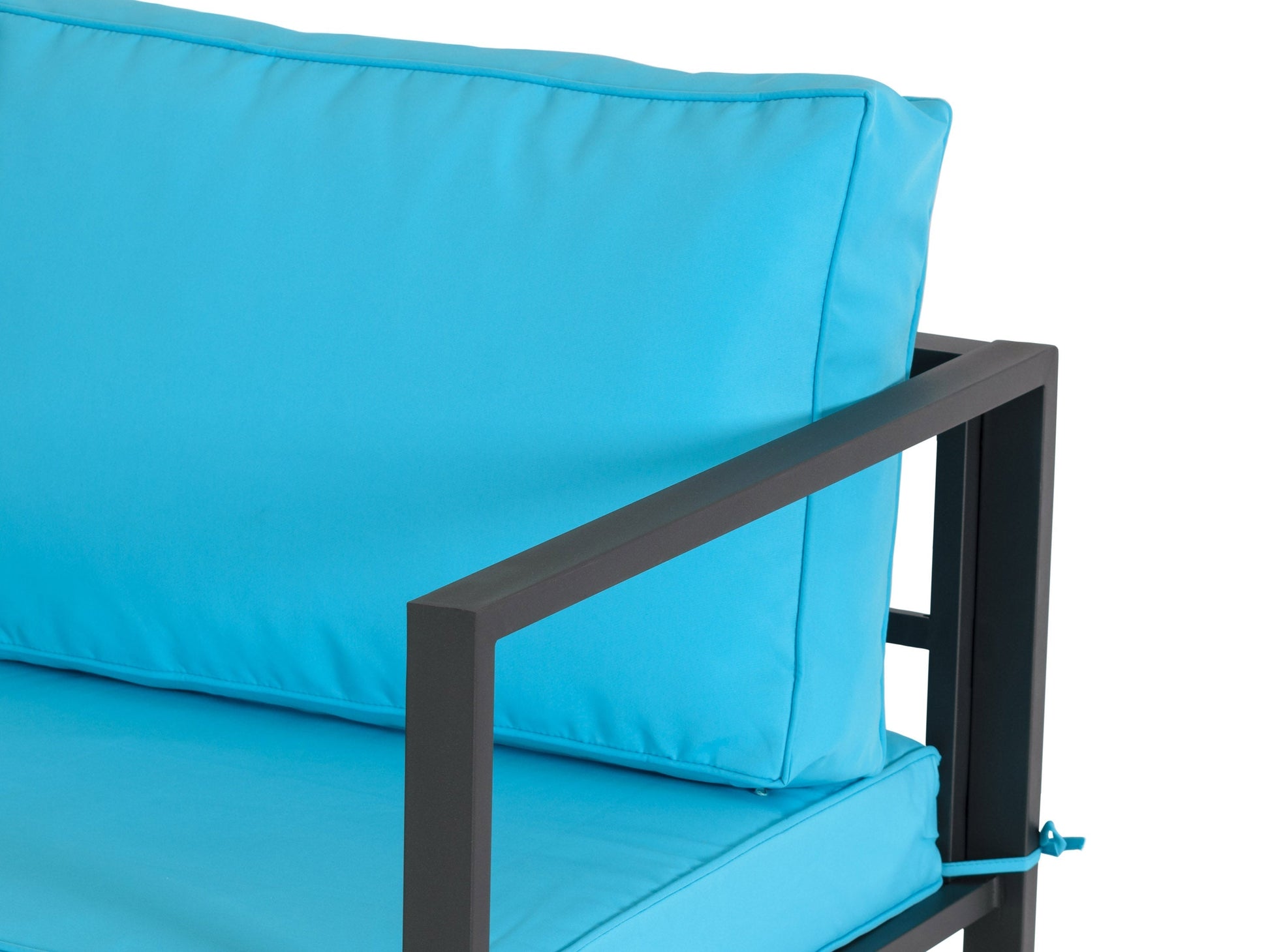 Turquoise 4-piece patio conversation set with cushions, wicker frames, and glass-top coffee table.