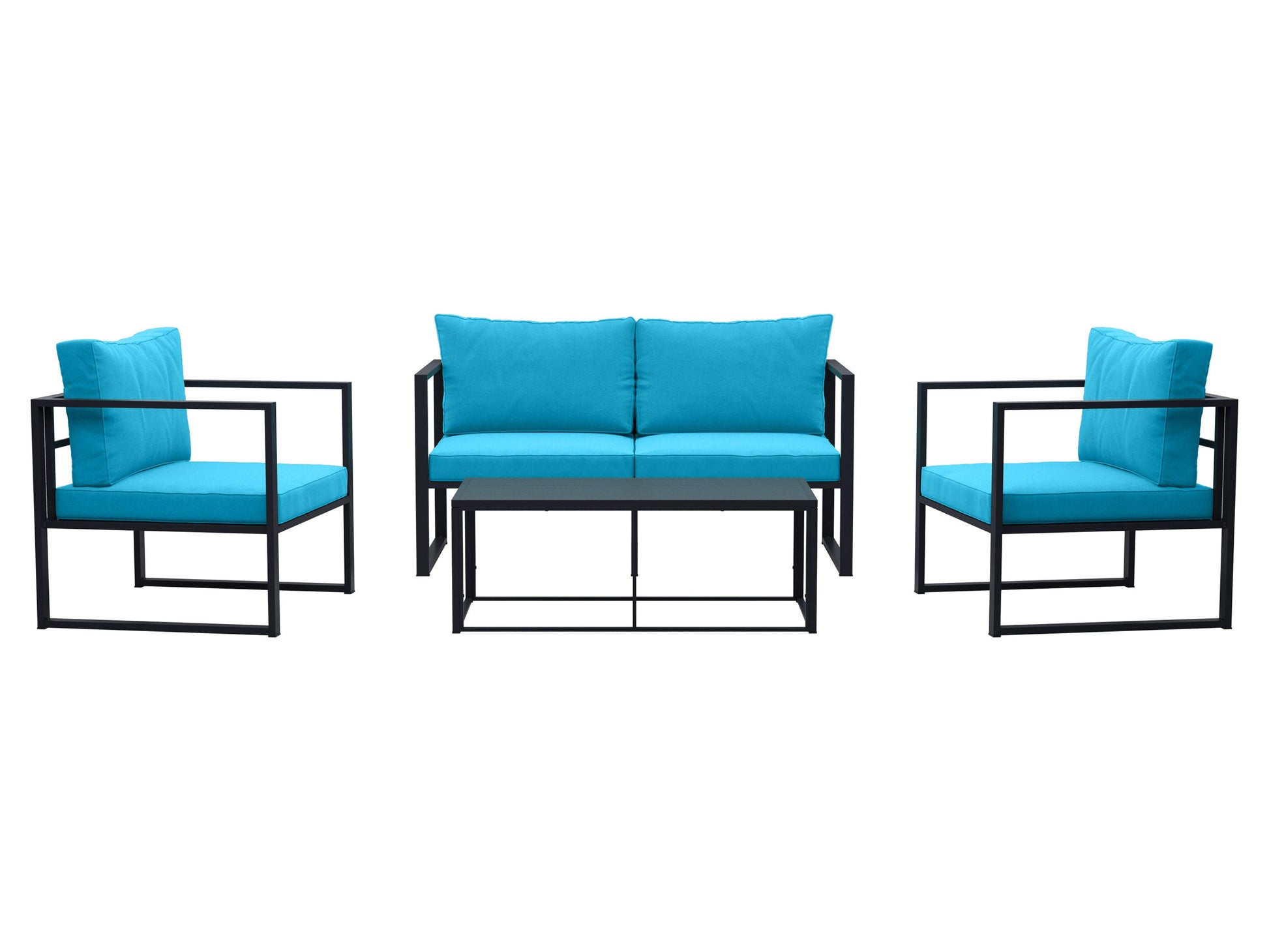 Turquoise 4-piece patio conversation set with cushions, wicker frame, and glass-top coffee table.