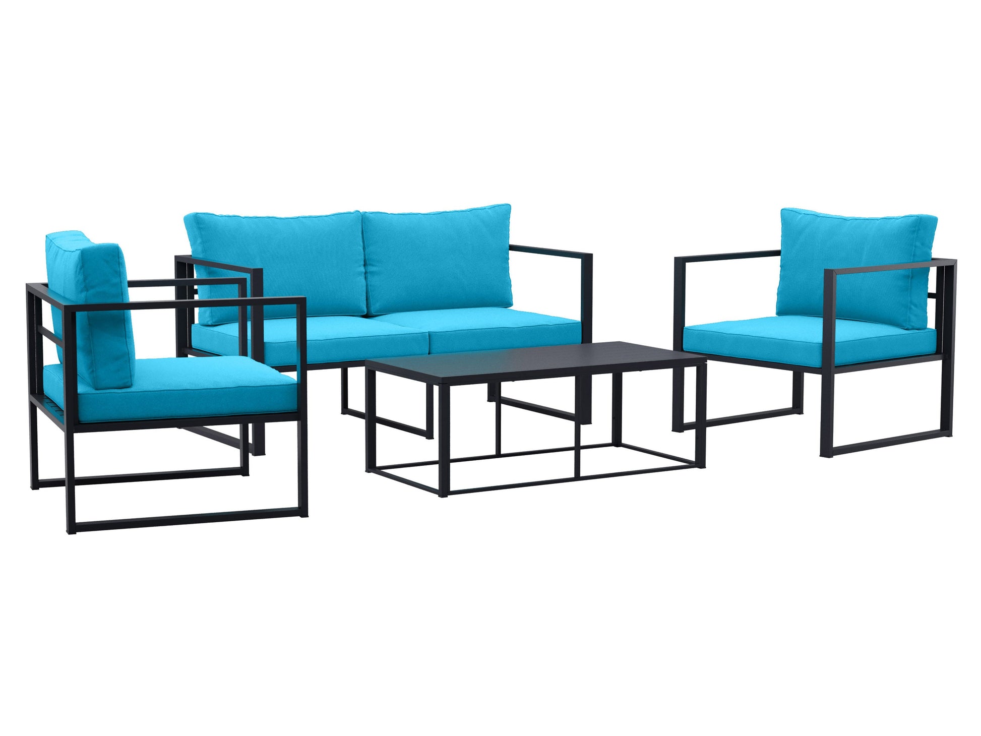 4-piece turquoise patio set with cushioned seats, wicker frame, and glass-top coffee table.