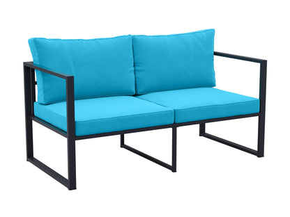 Turquoise 4-piece patio set with cushioned seats, rattan frame, and glass-top coffee table for outdoor lounging.