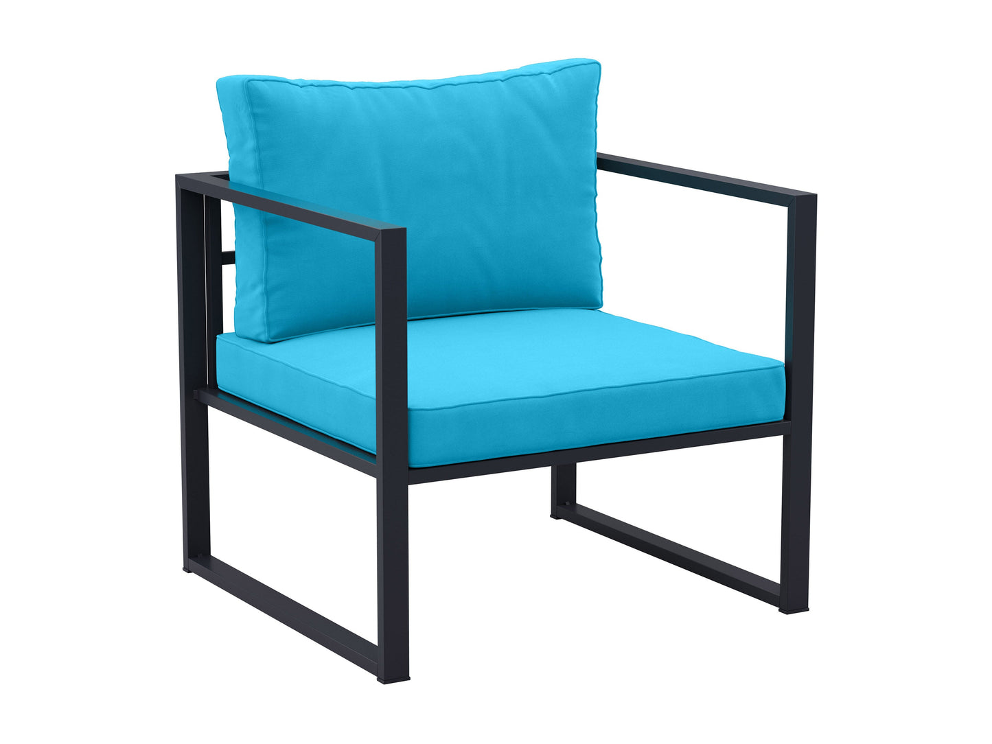 Turquoise 4-piece patio set with cushioned seats, wicker frame, and glass-top coffee table for outdoor lounging.