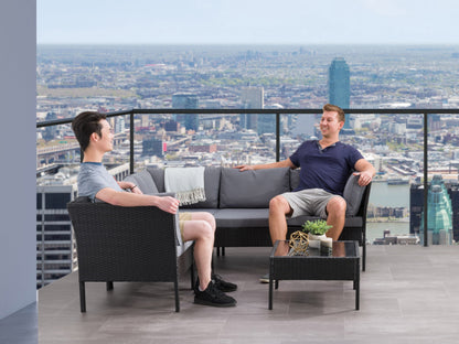 Black and grey patio sectional set, 6-piece with cushions, outdoor furniture, modern design, weather-resistant materials.