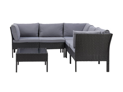 Black and grey patio sectional set, 6-piece with weather-resistant cushions and sleek modern design.