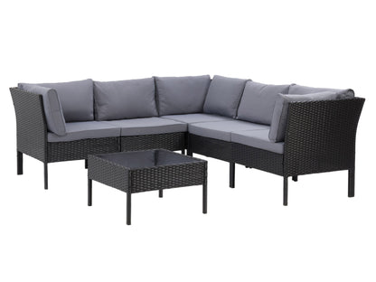 Black and grey patio sectional set, 6-piece, with plush cushions, durable frame, and modern design.