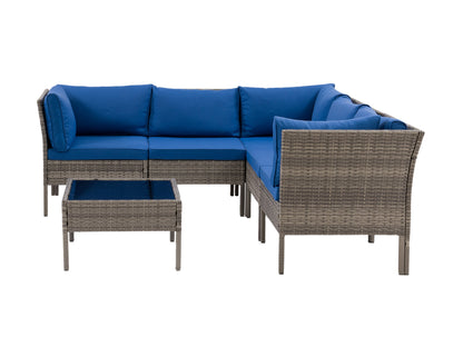 Grey and blue patio sectional set, 6-piece, with cushioned seats, wicker frame, and glass-top coffee table.