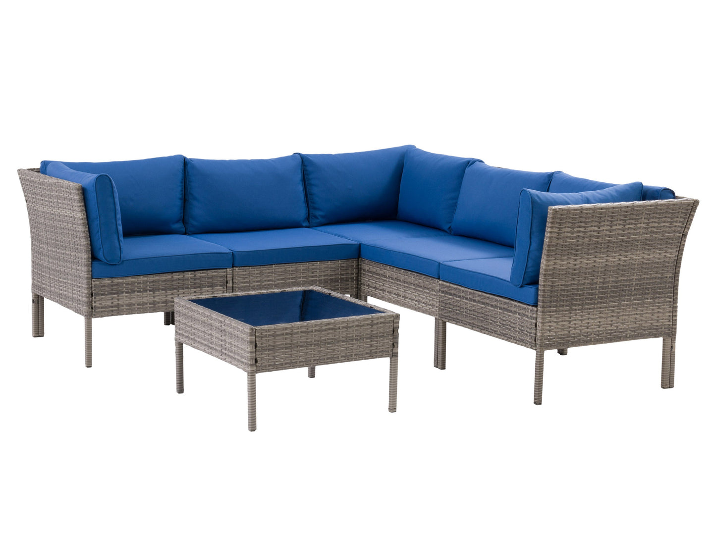 Grey and blue patio sectional set, 6-piece outdoor furniture with cushions, modern design, weather-resistant materials.