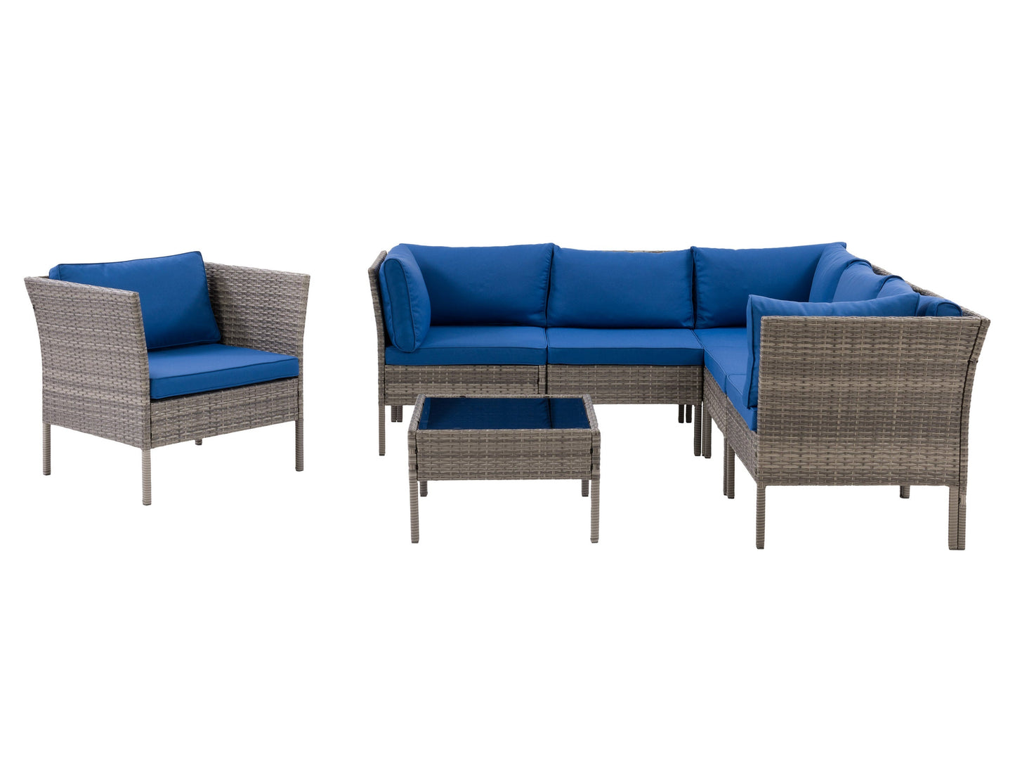 Grey and blue L-shaped outdoor sectional, 7-piece set with weather-resistant cushions and modern design.