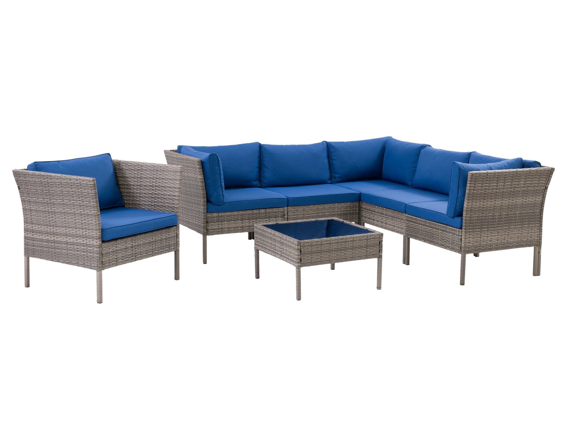 L shaped outdoor sectional, 7pc - grey cushions, blue pillows, wicker frame, modern patio furniture.