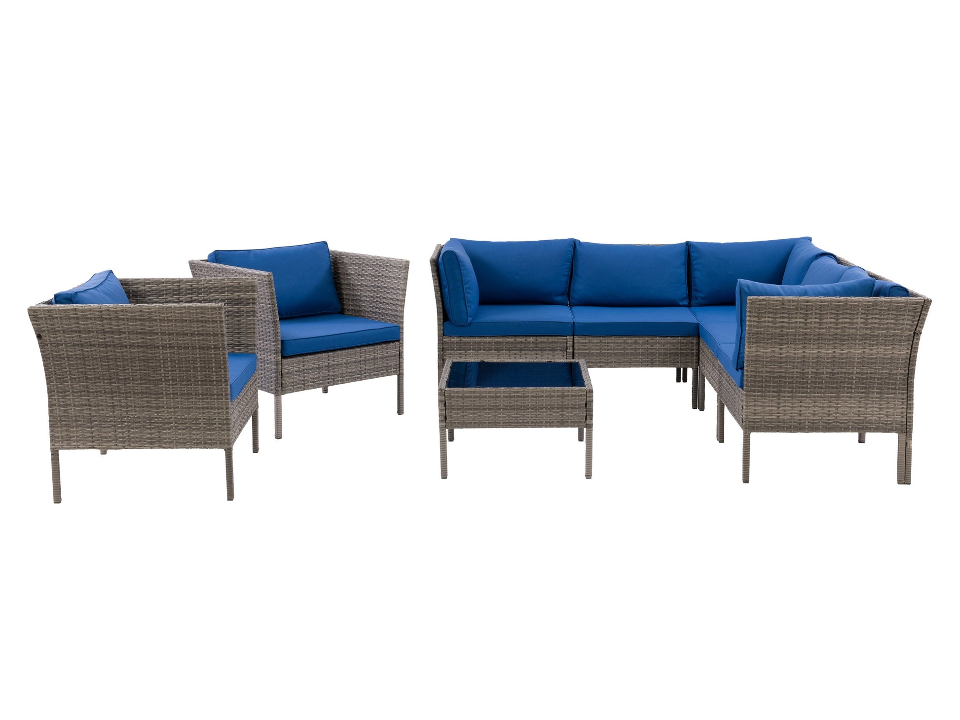 L-shaped outdoor sectional, grey cushions, blue accent pillows, 8-piece set, weather-resistant wicker, modern patio furniture.