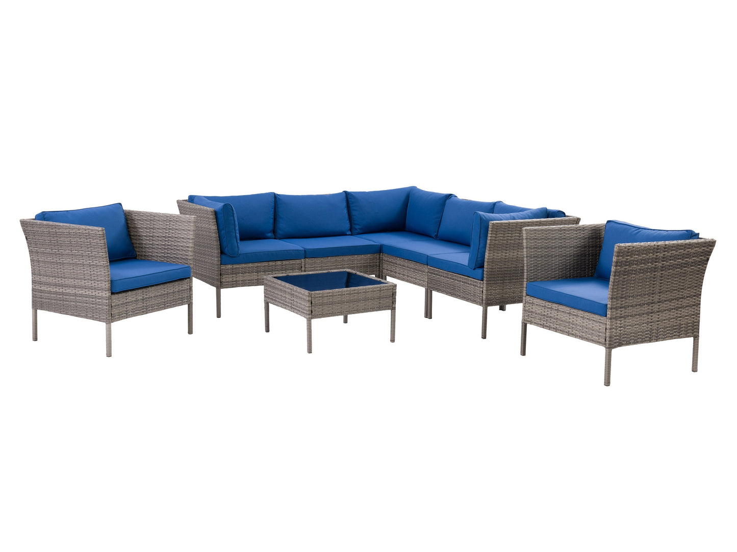 L-shaped outdoor sectional, grey cushions, blue accent pillows, 8-piece set, aluminum frame, modern patio furniture.