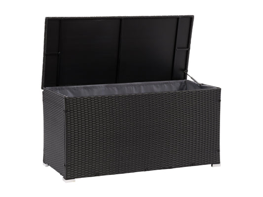 Outdoor patio cushion storage box with dark grey rattan weave, sturdy construction, and weather-resistant design.