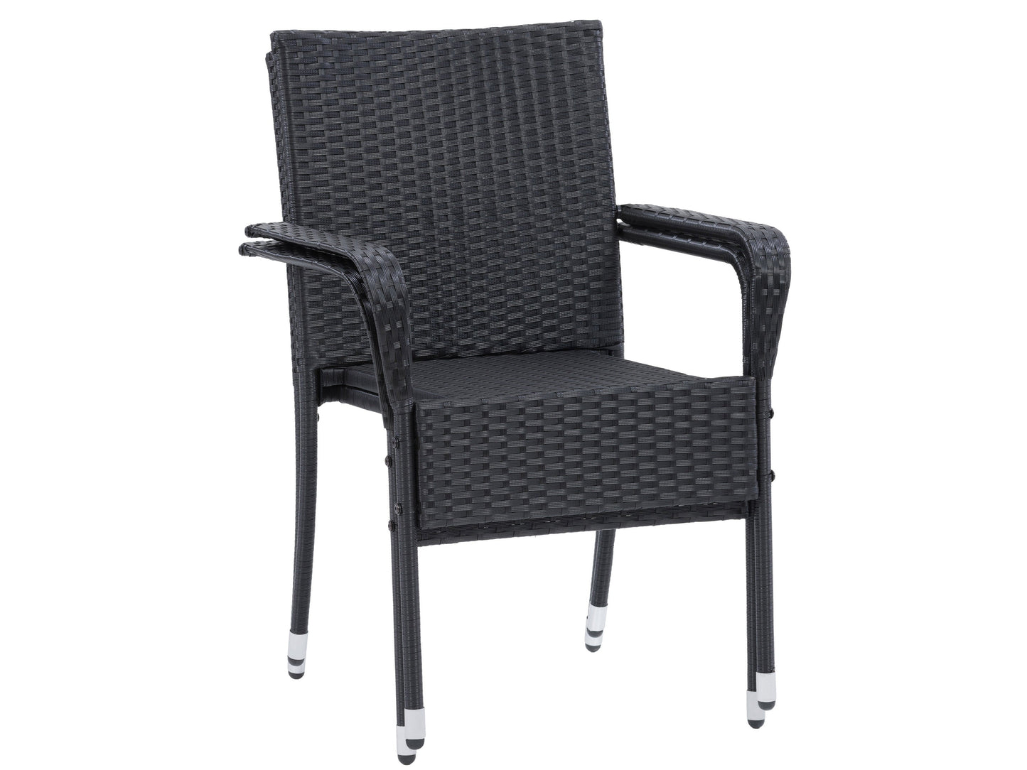 Set of 2 stackable patio chairs, black metal frame with grey woven seats, durable outdoor furniture.