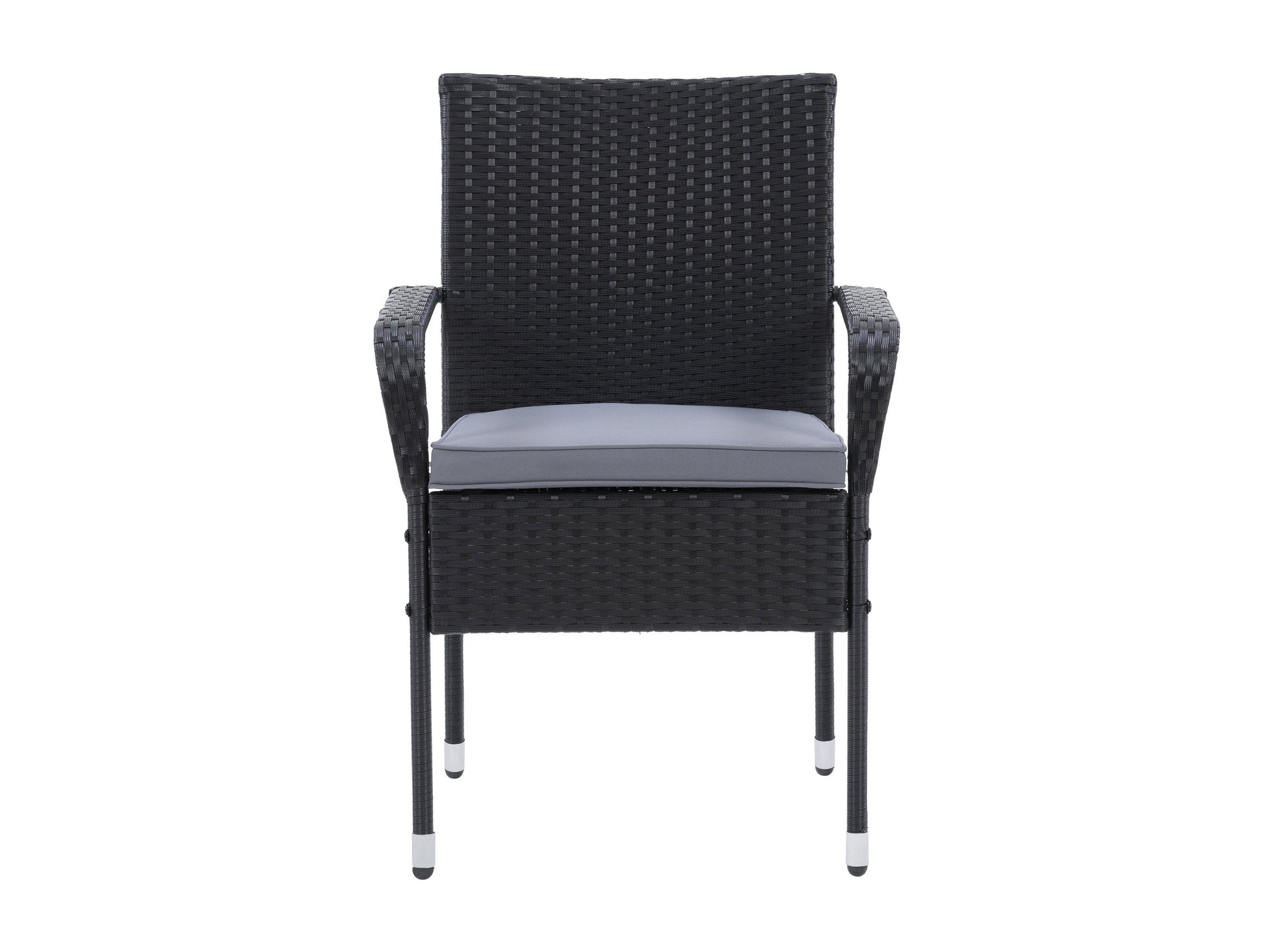 Stackable black metal patio chairs with grey mesh seats and backs, set of 2, weather-resistant and modern design.