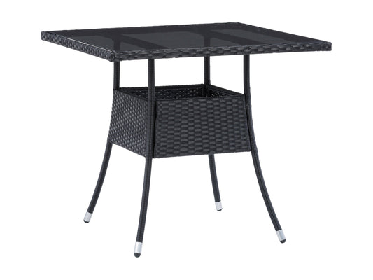 Square outdoor dining table with a grey stone top and sturdy black metal legs, perfect for patio and garden use.