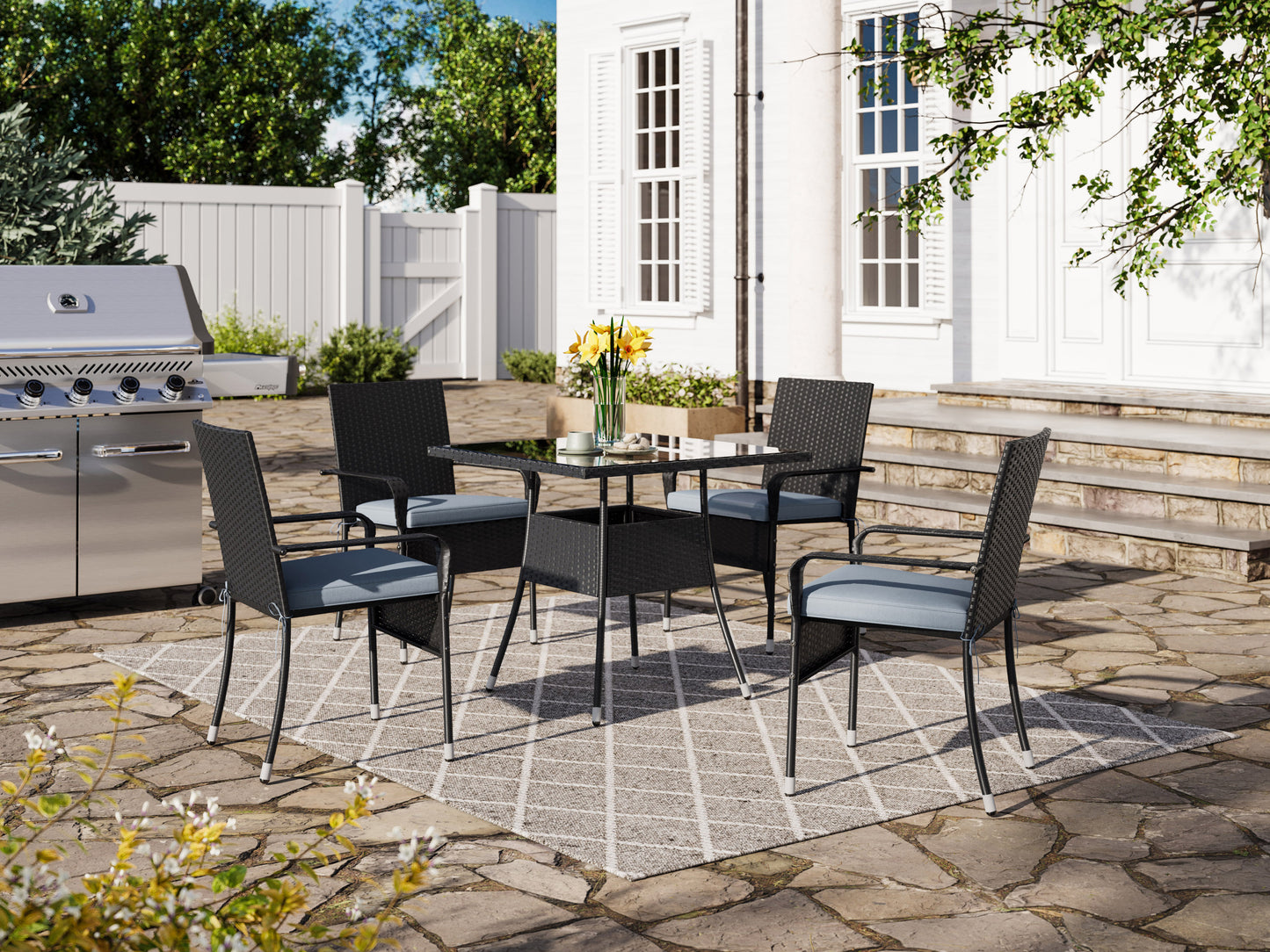 5-piece patio dining set with grey cushions, black metal frame, and wooden accents, perfect for outdoor gatherings