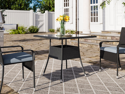 5-piece patio dining set with grey cushions, black metal frame, and a modern design for outdoor dining.