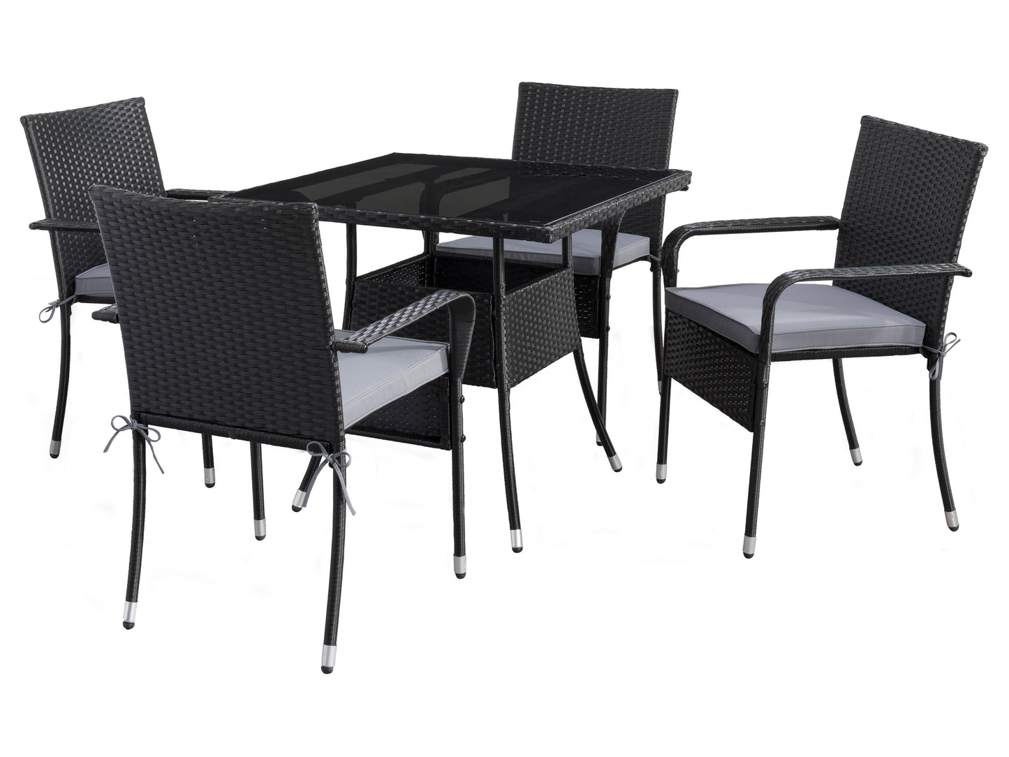 5-piece patio dining set with grey cushions, black metal frame, and rectangular glass table.