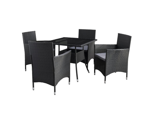 5-piece patio dining set with grey cushioned chairs and a rectangular wooden table, perfect for outdoor dining.