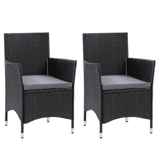 Set of 2 wicker armchairs with beige cushions, featuring a sturdy metal frame and woven rattan texture, ideal for outdoor patio seating.