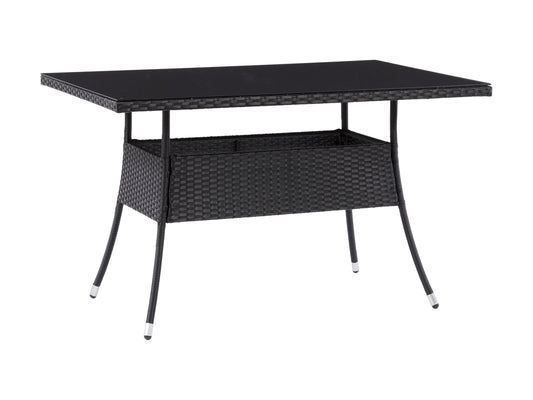 Black outdoor dining table with sleek metal frame, rectangular surface, and weather-resistant design for patio use.