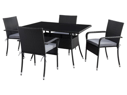 Stylish 5-piece patio dining set with wooden table, grey cushioned chairs, and durable metal frames for outdoor use.