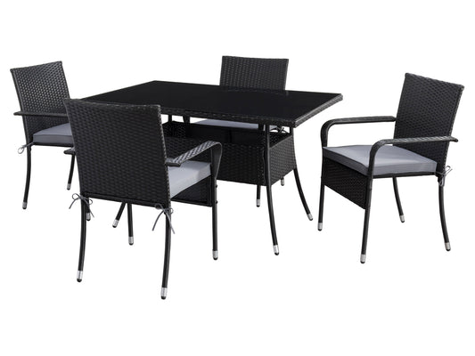 Stylish 5-piece patio dining set with wooden table, grey cushioned chairs, and durable metal frames for outdoor use.