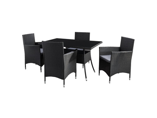 5-piece patio dining set with grey cushions, black metal frame, rectangular table, and modern design.