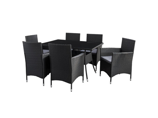 7-piece patio dining set with grey cushioned chairs and rectangular wooden table, perfect for outdoor dining.