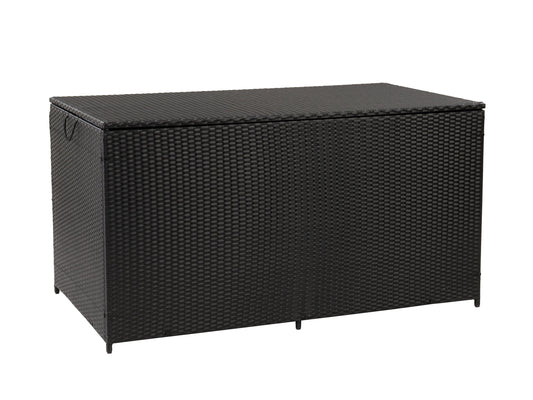 Outdoor grey patio storage box with textured resin wicker, flat lid, and weather-resistant design